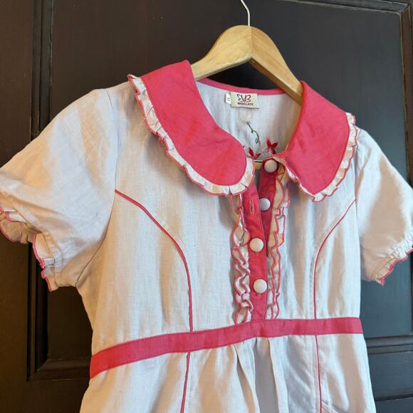 BB 100% Linen Retro Style Pink Piped Midi Dress Peter Pan collar Medium - Picture 3 of 8